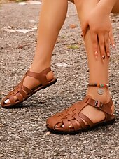 levne Sandály na dovolenou-dámské hnědé sandály rybář – vintage kožené ploché sandály s páskem na přezku pro běžné letní procházky a outdoorové nošení
