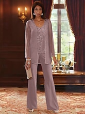 abordables Costumes-pantalons pour maman-Jumpsuit de mariage plage  costume 3 pièces mère de la mariée invitée de mariage formelle élégante luxueuse décolleté en V longueur sol chiffon dentelle sans manches wrap inclus avec perles paillettes