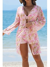 abordables Maillots de bain trois pièces-Femmes Maillots de Bain Trois Pièces Shorts Maillot de bain Tropical Tenues de plage Fleur Fil en V manche longue Maillots de bain