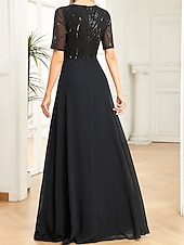 abordables Moins de 129,99 $-Robe pour mère de la mariée élégante robe de soirée décolleté rond longueur sol en chiffon spandex à manches courtes avec sequins