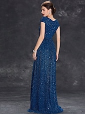 preiswerte BLAU-Kleid Brautmutterkleid Elegant Party V Ausschnitt Bodenlang Chiffon Polyester Kurzarm mit Paillette 2025