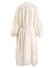 abordables Longueur du thé-Robe Mère de la Mariée Élégante Vintage Simple Décolleté en V Longueur Thé Mélange de Coton Manches Longues avec Broderie Robe Midi Robe d&#039;Invitée de Mariage