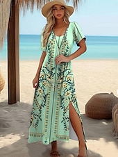 preiswerte Blumenkleider-Damen Maxi Kleid A-Linien Kleid T-Shirt Kleid Tee Kleid Sundress Sommerkleid Elegant Urlaub Tropisches Urlaub Strand Regulär Fit Floral Grafik Kurzarm Rundhals Blau Sommer