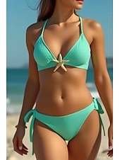 olcso Bikiniszettek-Női Fürdőruha Bikini 2 darab Fürdőruha Nyitott hátú Tropikus Strandruházat Sima Kötőfék nyaka Ujjatlan Fürdőruhák