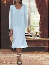 voordelige Met Jas-Strand Bruiloft Twee Delige Zeemeermin Moeder van de Bruid Jurk Formele Bruiloft Gast Elegante Luxe V Hals Thee Lengte Chiffon Mouwloos Wikkel Inclusief met Beading Pailletten 2025 gratis op maat
