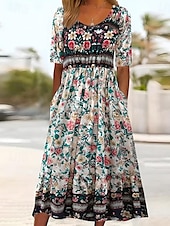 abordables Robes Bohémiennes-Femme Robe Maxi Robe casual Robe Évasée Robe Trapèze robe boheme Décontractées du quotidien Standard Floral Manche Courte Col V Noir Rouge bleu marine Bleu Roi Eté Printemps Automne