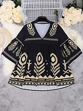 abordables Robes Boho-Femmes Mini Robe Robe trapèze Occasionnel Extérieur Sortir Coupe régulière Graphique Géométrique Manche 3/4 Col en V Noir Été