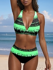 cheap Bikini Sets-Women&#039;s Swimsuits Bikini 2 Piece Cheeky Swimsuit Halter Sexy Ombre Geometric V Wire Sleeveless Bathing Suits