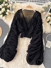 billiga Dressiga toppar-Dam Blus Chiffong toppar Slät Stylish Långärmad Puffärm V-hals Crop Tops Helgdag Utekväll Rynkad Svart Vit Purpur Grön Vår