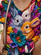 お買い得  イースターTシャツ-イースター 女性用 ブラウス フラワー グラフィック 動物 カジュアル 半袖 Ｖネック レギュラートップス 日常 プリント レインボー 夏 春