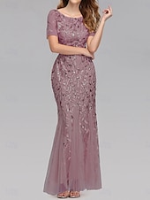 cheap Floor Length-Mermaid / Trumpet Wedding Guest Dresses Elegant Dress Wedding Guest Birthday Floor Length Short Sleeve Crew Neck Tulle with Sequin Embroidery