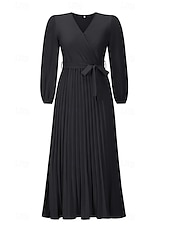 preiswerte abendkleider-Damen Langes Kleid Maxikleid Cocktailkleid Gerafftes Kleid Elegant Mode Geburtstag Teegesellschaft Ausgehen Normale Passform Einfach Langarm V Ausschnitt Schwarz Rote Grün Sommer