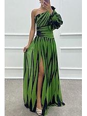 preiswerte Elegante Blumenkleider-Damen kleid lang Ballkleid abendkleider Cocktailkleid Modisch Party Tee-Party Ausgehen Regular Fit Farbblock Langarm Ein-Schulter Weiß Grün Rosenrot Sommer