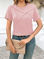 abordables T-shirt uni-T-shirt femme de couleur unie Uni Mode Moderne Décontracté Manches courtes Col rond Hauts réguliers Quotidien Week-end Noir Rose Marron Gris Été