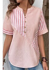 baratos Tops Geométricos e Listrados Femininos-Mulheres Blusa Listrado Moderno Casual Manga Curta Decote V Tops regulares Diário Feriado Para Noite Botões Verde Claro Rosa Azul Real Verão