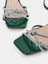 cheap Heeled Sandals-Women's Black Rhinestone Strappy Low Heel Sandals – Stylish Cocktail Party Evening Shoes