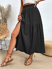 abordables Jupes unies-Femmes Jupe Évasé Mode Occasionnel Maxi Taille haute Jupes Couleur Unie A Volants Fendu Micro-Élastique Décontracté Quotidien Week-end Noir Bleu Vert Été Polyester