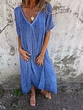 abordables Vestido Sencillo-Vestido maxi de mujer vestido en A de color sólido casual al aire libre ajuste regular gráfico sin mangas cuello en V fucsia naranja azul oscuro gris verano