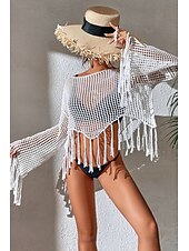 cheap Blouses &amp; Shirts-Women&#039;s Blouse Plain Modern Casual Long Sleeve Crew Neck Regular Tops Daily Holiday Going out Hollow Out Fringe Black White Green Summer