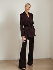 cheap Mom&#039;s Pant Suits-Pantsuit Mother of the Bride Suit Blazer Shawl Lapel Elegant Vintage Simple V Neck Long Sleeve With Wrap on Waist Floor Length Flared Pants Stretch Satin