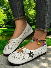cheap Women's Flats-Wide-Fit Floral Cutout Slip-On Flats for Women - Breathable Comfort Barefoot Shoes for Bunion Relief &amp; Daily Wear