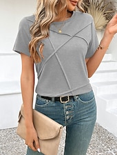 abordables T-shirt uni-T-shirt femme de couleur unie Uni Mode Moderne Décontracté Manches courtes Col rond Hauts réguliers Quotidien Week-end Noir Rose Marron Gris Été