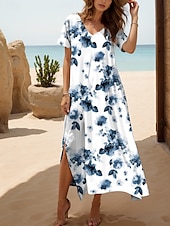 levne Květinové šaty-Dámské maxi šaty A řada šaty letní šaty elegantní dovolená casual volný střih denní regular fit květinové grafické krátký rukáv V výstřih modré jaro podzim