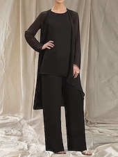 baratos Comprimento do chão-Macacão  Conjunto de Calça 3 Peças Mãe da Noiva Vestido de Convidada de Casamento Elegante Gola Redonda Comprimento Total Chiffon Manga Longa com Babados
