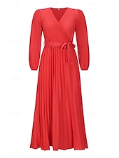 preiswerte abendkleider-Damen Langes Kleid Maxikleid Cocktailkleid Gerafftes Kleid Elegant Mode Geburtstag Teegesellschaft Ausgehen Normale Passform Einfach Langarm V Ausschnitt Schwarz Rote Grün Sommer