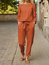 cheap Sets-Women&#039;s Loungewear Two Piece Sets Simple Casual Comfort Pure Color Pocket Shirt Cotton Linen Sets Pant Vacation Home Daily Long Sleeve Crew Neck Black Blue Orange Beige Summer Spring