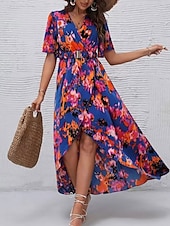 preiswerte Blumenkleider-Damen Midikleid Corsagenkleider A Linie Kleid Figurbetontes Kleid Urlaub Ausgestellter Ärmel Urlaub Täglich Strand Regular Fit Graphic Kurzarm V Ausschnitt Blau Grün Sommer