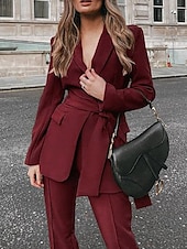 cheap Mom&#039;s Pant Suits-Pantsuit Mother of the Bride  Elegant Shirt Collar Ankle Length Polyester Long Sleeve with Solid Color 2025