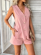cheap Sets-Women&#039;s Active Basic Linen-Inspired Sets Two Piece Sets Vest Sleeveless V Neck Solid Color Casual Daily Black White Pink Summer Regular Fit