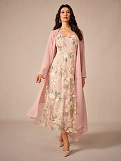 levne Sady šatů-dámské svatební šaty pro hosty set maxi šaty šifon vyšívané rande dovolená elegantní v krk dlouhý rukáv růžová barva jaro léto podzim