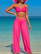 abordables Ensemble bikini 3 pièces-Femmes Maillots de Bain Bikini Trois Pièces Maillot de bain Dos nu Tropical Tenues de plage Uni Fil en V Sans manches Maillots de bain
