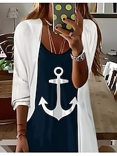 preiswerte Streifen- und geometrisches Kleid-Damen Maxikleid 2 Teile Kleid Set Sundress Sommerkleid Unterkleid Urlaub Formal Boho Urlaub Lockere Passform Grafik Geometrisch 3/4 Länge Ärmel Träger V-Ausschnitt Marineblau Sommer Frühling