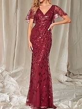 economico Lunghezza del pavimento-Sirena / Tromba Abito da cerimonia per signora Ospite di nozze Elegante Brillare &amp; Splendere Scollo a V Lunghezza al pavimento Raso Pizzo Manica Corta con Pizzo Fascia / Nastro 2025
