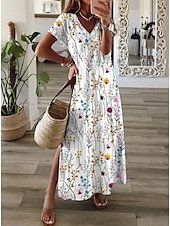 tanie Sukienki kwiatowe-Damskie Sukienka maxi Codzienne sukienki Sukienka letnia Sukienka A line Letnie sukienki Bohema Urlop Zabytkowe Urlop Codzienny Regularny Kwiaty Graficzny Krótki rękaw W serek Biały Niebieski Zielony