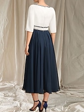 preiswerte Teelänge-A-Linie Brautmutterkleid Hochzeitsgast Elegantes Rundhals Tee-Länge Chiffon Satin Halbarm mit Perlen Raffung Midi Kleid 2025