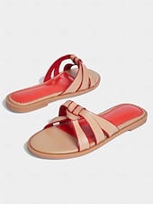 abordables Sandalias de Vestir-Sandalias planas para mujer en beige y rojo con tiras anudadas: zapatos casuales para el día a día y para citas de verano.