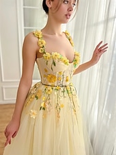 levne Koktejlové šaty-Šaty Quinceanera A-Line máslově žluté šaty svatba svatební host čajové délky bez rukávů čtvercový výstřih s květinovými krajkovými aplikacemi tylu
