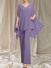 baratos Comprimento do chão-Macacão  Vestido de Calça Mãe da Noiva Vestido Convidada de Casamento Elegante Decote em V Comprimento do Chão Chiffon Manga Longa com Aplicações