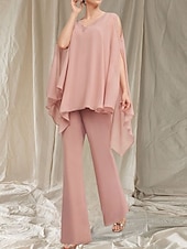 baratos Comprimento do chão-Macacão  Vestido de Calça Mãe da Noiva Vestido Convidada de Casamento Elegante Decote em V Comprimento do Chão Chiffon Manga Longa com Aplicações