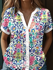 billige Kvinne Boho Topper-Dame skjorte V-hals knappebluse blomster grafisk paisley stilig strand kortermet skjorte krage vanlig topper daglige knapper trykk hvit vår høst