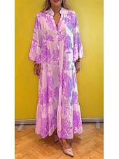 preiswerte Ausgefallene Kleider-Damen kleid lang Casual kleid Schaukelkleid Sommerkleid Elegant Modisch Modern Täglich Strand Wochenende Regular Fit Blumen Langarm Gespaltener Hals Hellgrün Rosa Rote Violett Sommer