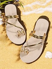 cheap Vacation Sandals-&quot;Women&#039;s Butterfly Sandals – Elegant Gold Strappy Flat Sandals with Rhinestone Accents, Comfortable Beach Flip-Flops for Summer, Vacation and Casual Wear&quot;