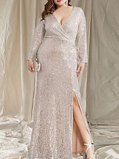 voordelige Avondjurken-Zeemeermin  Trompet Avondjurk Elegante Jurk Formele Avondfeest Vloerlengte Lange Mouw V-hals Geheel Versierd met Glitter Sequin Split
