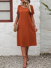 cheap Plain Dress-Women's Midi  Faux Cotton Linen  Dress A Line Dress Summer Dress Casual Daily Loose Fit Plain Short Sleeve Crew Neck Black Orange Army Green Apricot Summer