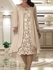economico Con giacca-Abito da sposa A due pezzi A-Line in spiaggia madre della sposa invitata a un matrimonio elegante taglie forti scollo a gioiello lunghezza tè in chiffon pizzo manica corta giacca abiti con colore