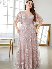preiswerte Unter 129,99 $-Plus Size Kleid Mutter der Braut Kurvenkleid Elegantes V-Ausschnitt Bodenkleider Spitze Kurzarm mit Spitze 2025